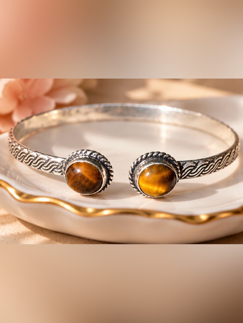 925 Sterling Silver plated Open Cuff Bracelet with Tiger's Eye Stones - Brown